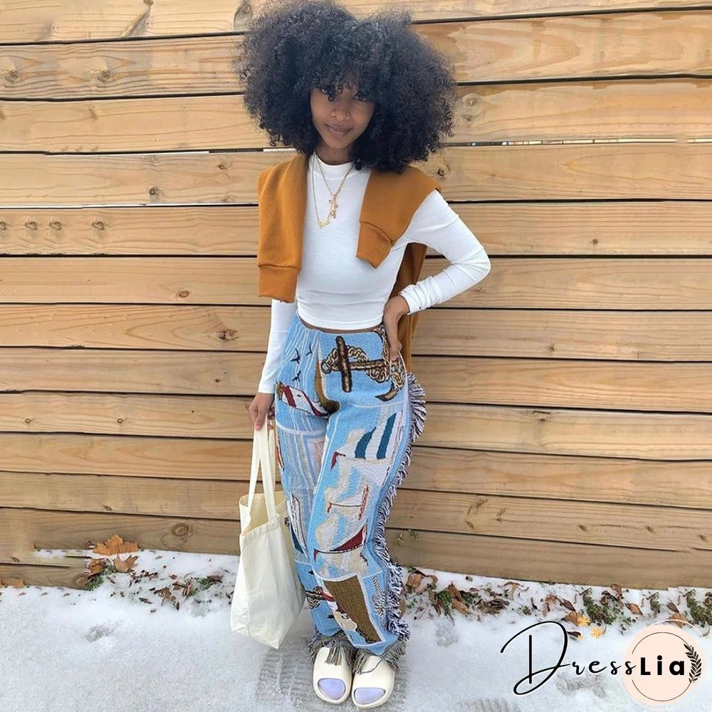 Side Tassels Patchwork Elastic Waist Women Print Jogger Pant