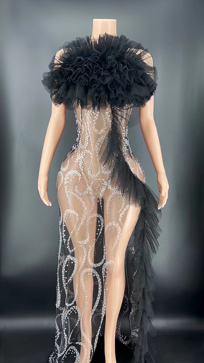 GOOSHOE Diamond Rhinestone Black Strapless Mermaid Dress See Though Dress