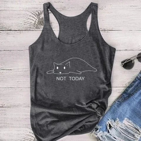 Pornhint NOT TODAY Sleeping Cat Printed Tanks Tops Sleeveless Women Summer Cute Vest Top Female Loose Round Neck Woman Top Verano Mujer