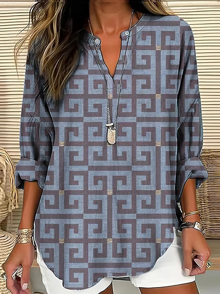 Women's Greek Geometric Art Linen Blend Cozy Tunic
