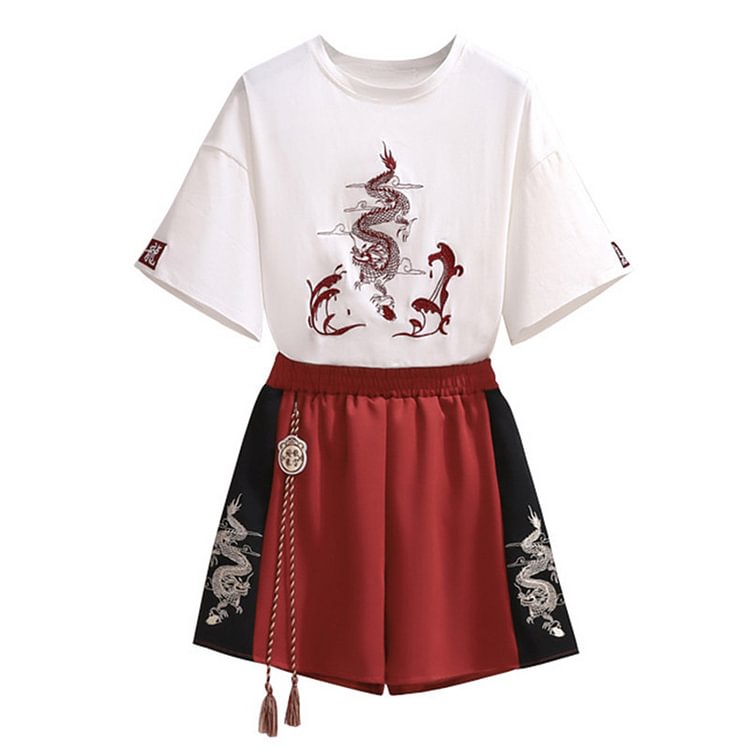 Vintage Dragon Embroidery T-Shirt Tassel Shorts Set - Modakawa Modakawa