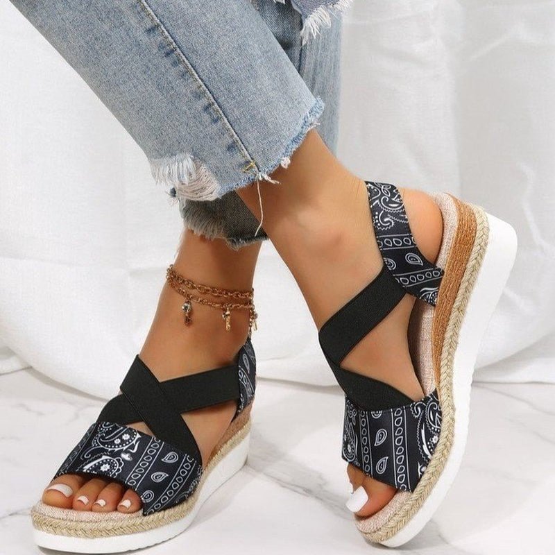 Women's Wedges Sandals Peep Toe Ladies Cross-tied Slides Thick Bottom Fashion Open Toe Female New Woman Shoes Plus Size 43
