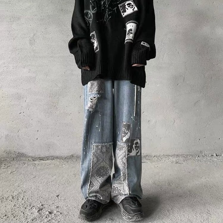 Stitching Printing Jeans plus Size Retro Sports Trousers Straight-Leg Trousers Men's Clothing Men Denim Pants