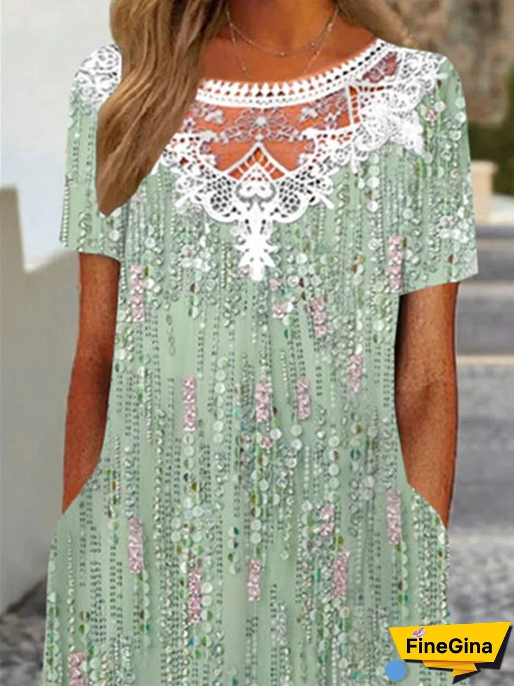 Women's Floral Printed Lace Short Sleeve Scoop Neck Midi Dress