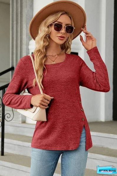 Slit Decorative Button Square Neck T-Shirt