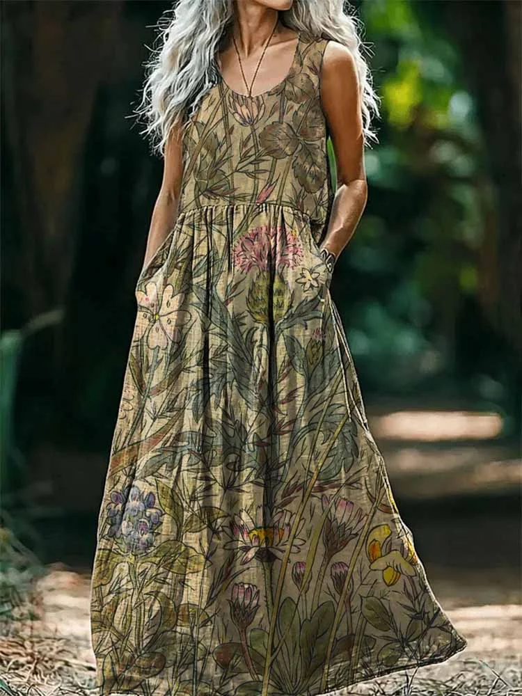 Women's Boho Botanical Art Print Sleeveless Pocket Cotton Maxi Dress