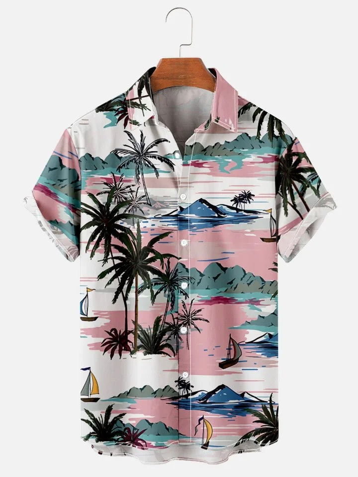 Men's Hawaiian Coconut Print Loose Short Sleeve Lapel Shirt
