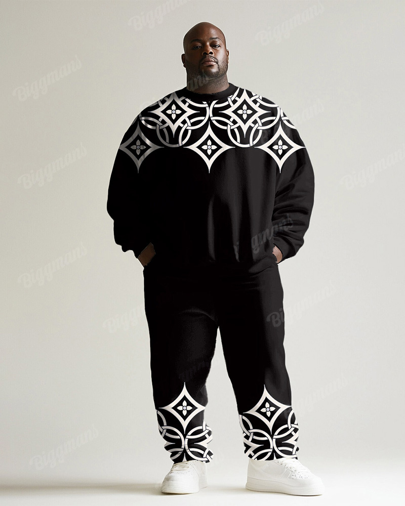 Men's Black Vintage Pattern Printed Plus Size Round Neck Sweatshirt Suit