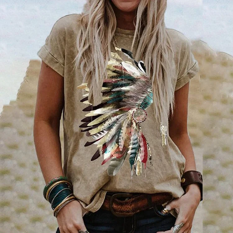 Indian Headdress Print Crew Neck T-Shirt