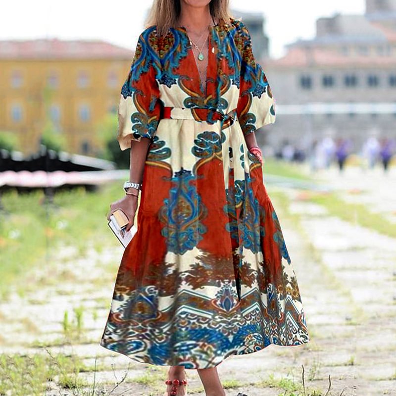 Bohemian V-Neck Lantern Sleeve Print Dress For Women MusePointer