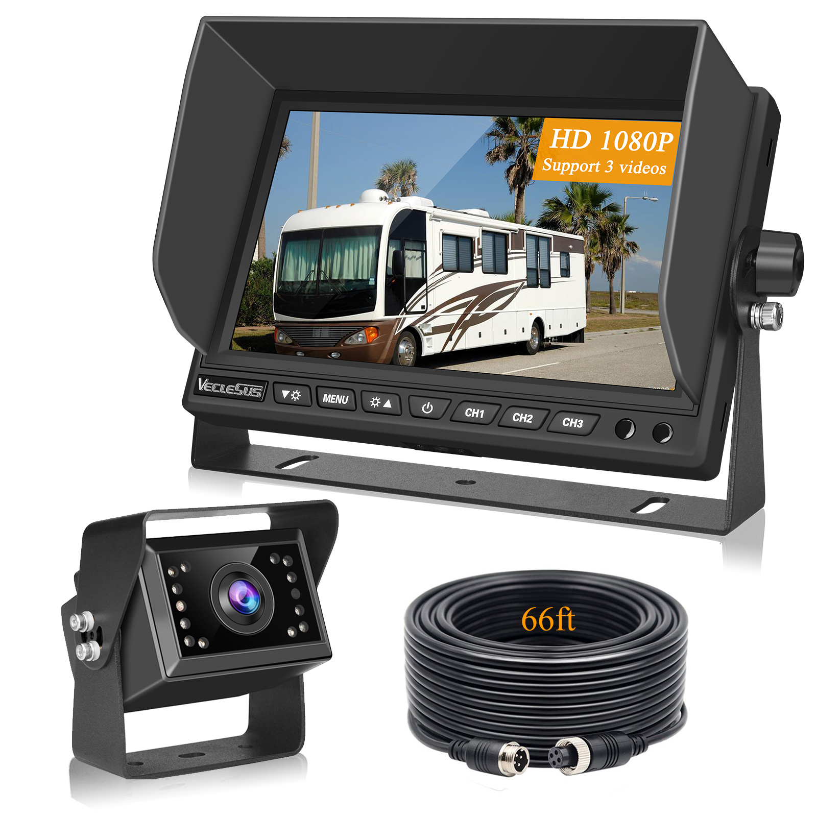 VECLESUS VMH 1080P Backup Camera Kit, Support 3 Video Inputs, 7" LCD Monitor with IR Night Vision Wired Rear View Camera for Truck, RV, Trailer, Bus, Harvester, Pickup, Motor Home, Van Large Vehicles  GING