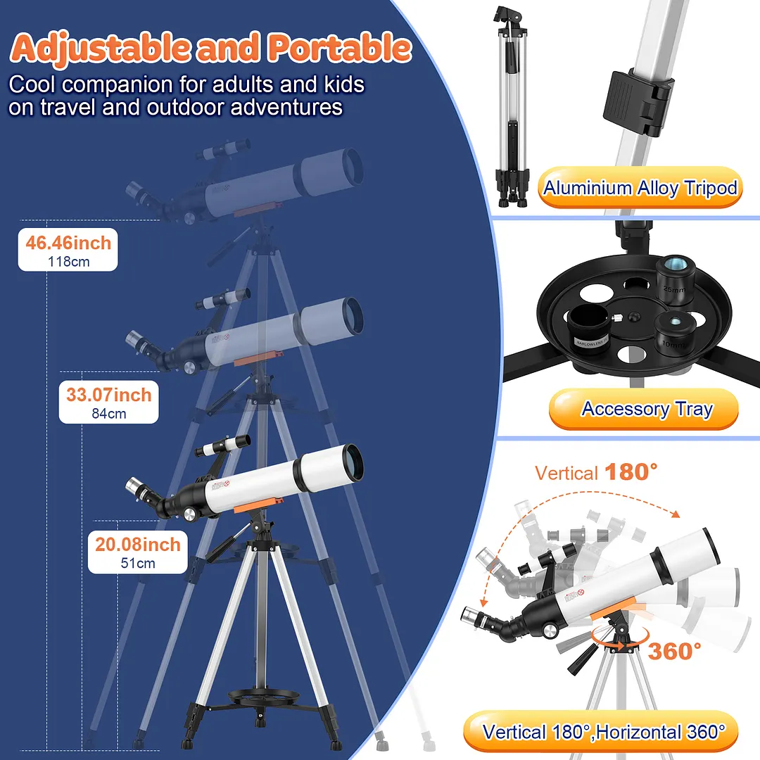 BEBANG Telescope for Adults & Kids, 70mm Aperture 500mm AZ Mount Refractor Telescope for Astronomy Beginners, Portable Travel Telescopes with Tripod Phone Adapter