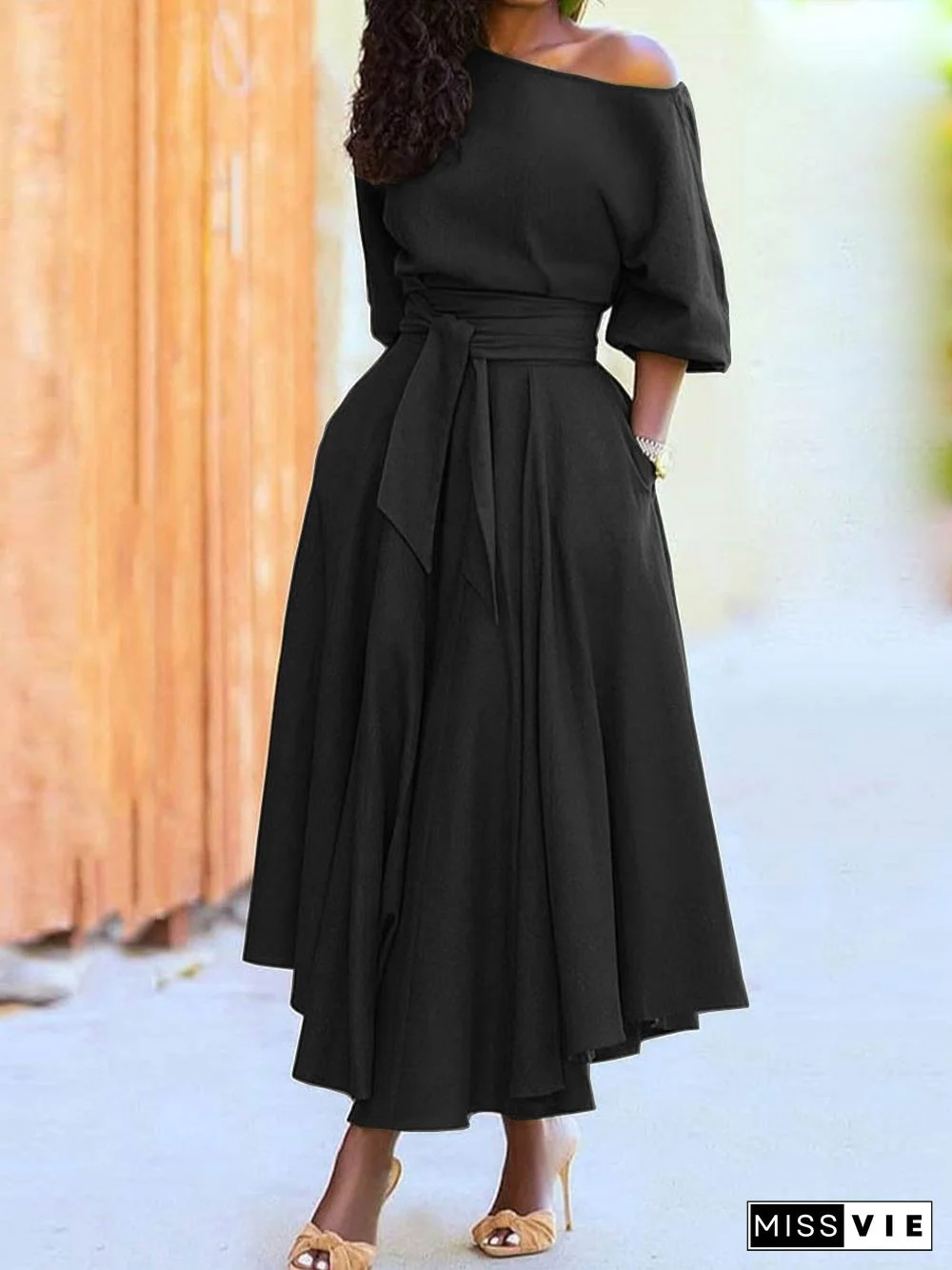 Off Shoulder Short Sleeve Waist Tie Maxi Dress