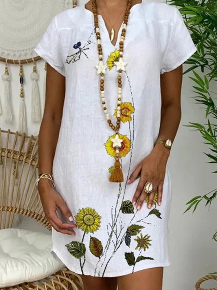V-neck Cotton And Linen Floral Print Short-sleeved Shift Dress