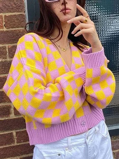Mayoulove Pink and yellow checked sweater cardigan-Mayoulove