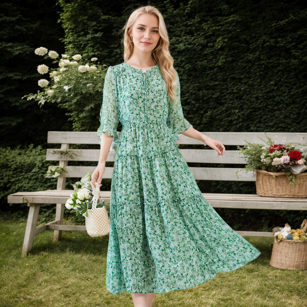 Green Silk Floral Print Dress Pleated For Wedding Guest REAL SILK LIFE