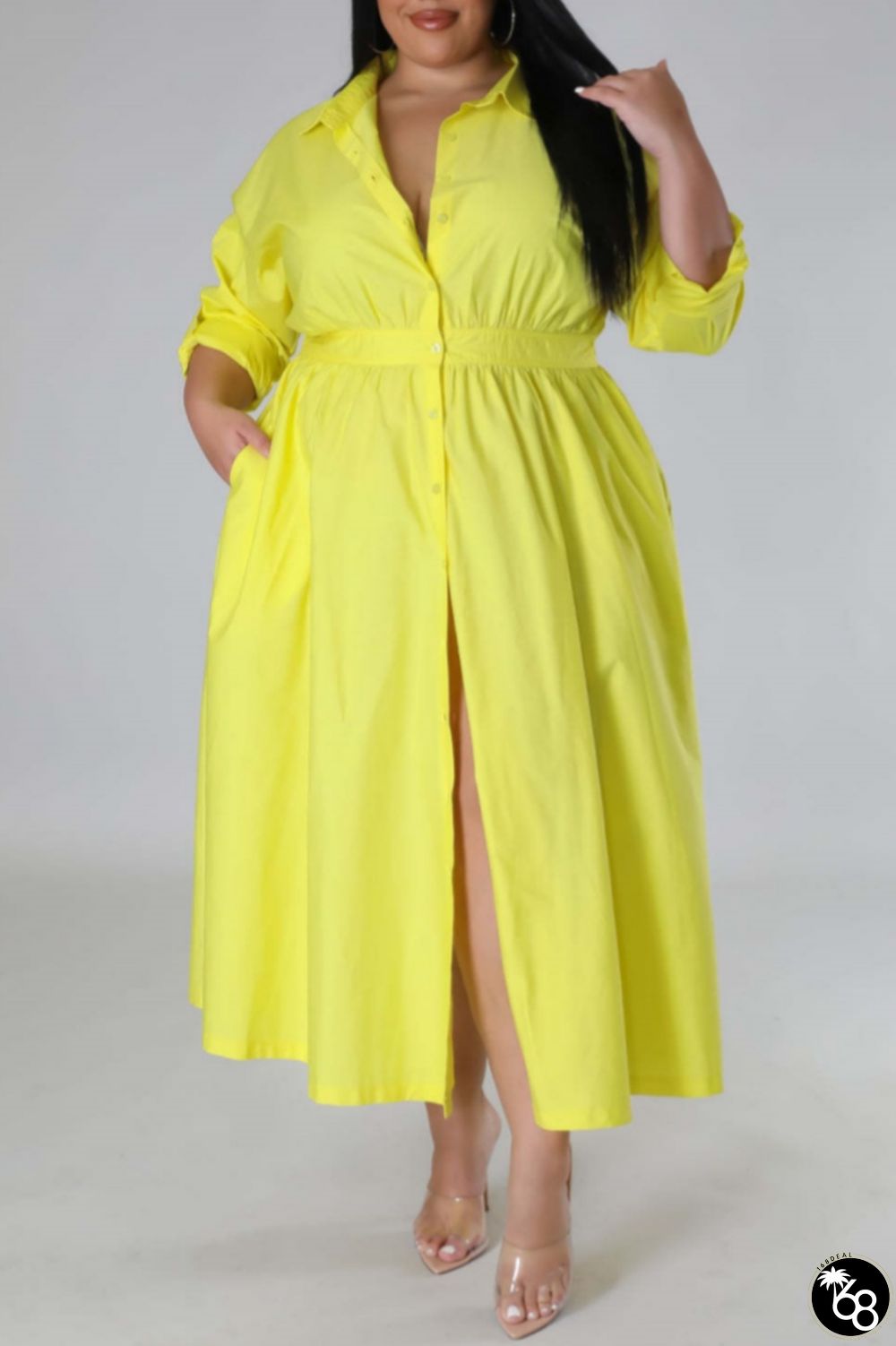 Fluorescent Yellow Casual Solid Patchwork Turndown Collar Shirt Dress Plus Size Dresses | 168DEAL