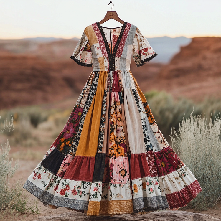Vintage Floral Patchwork Art Pattern Art Midi Dress