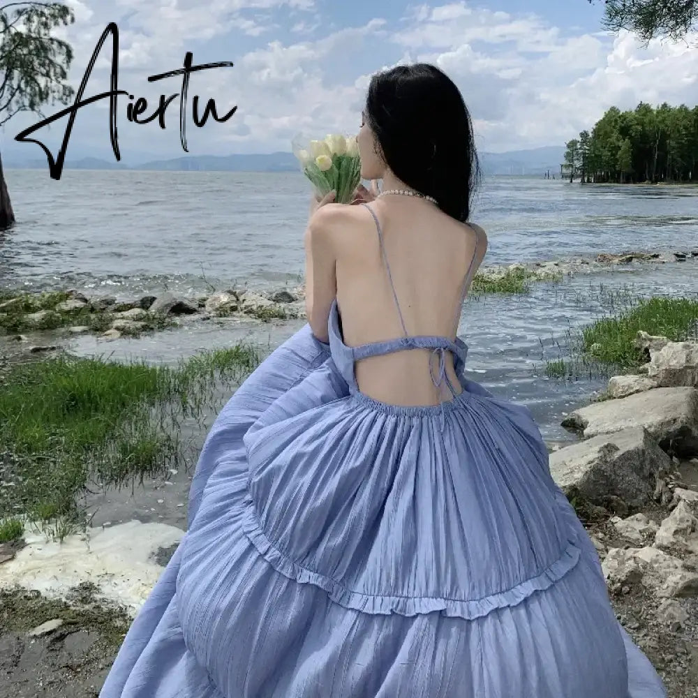 Aiertu New Summer Women Simple Beach Dress Stylish Solid Blue Vacation Strappy Dress Korean Lolita Casual Long Luxury Elegant Sundress Aiertu