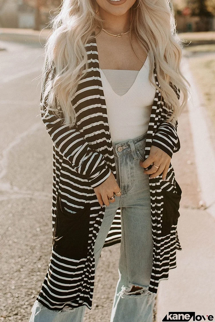 Striped Pocketed Long Cardigan