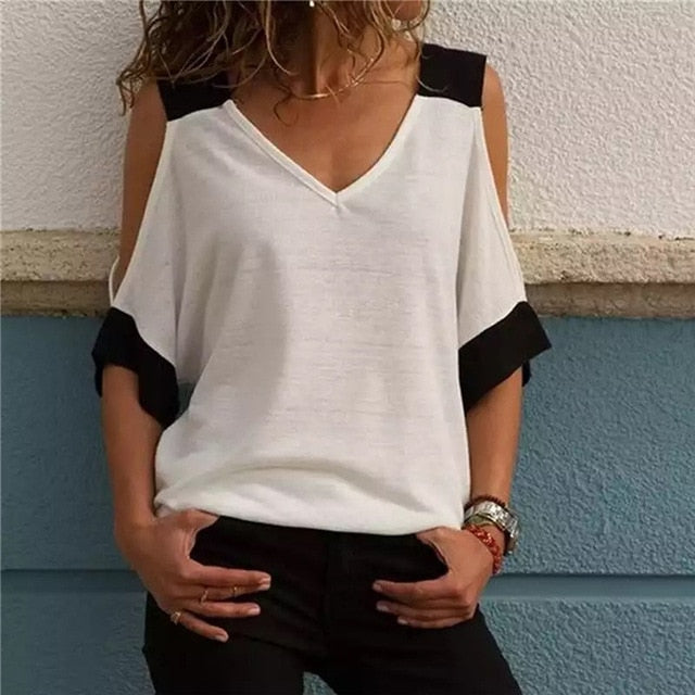 Women's Patchwork Cold Shoulder T-shirt 5XL Plus Size Tops V-Neck Half Sleeve Female Tee Shirt Summer Casual T Shirt For Women Lanfubeisi
