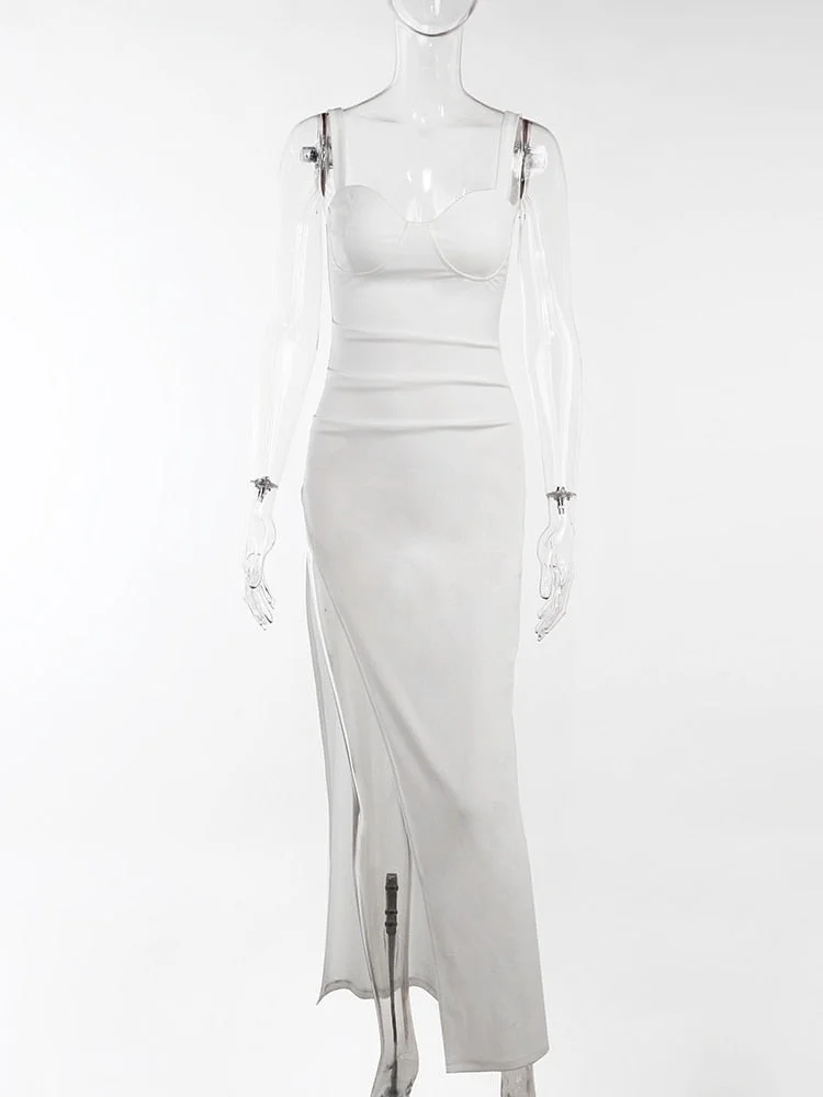 WannaThis Clubwear Midi Dress Women High Split Folds White High Split Elegant Bodycon Sexy Party Chic Christmas Tank Dress 2021