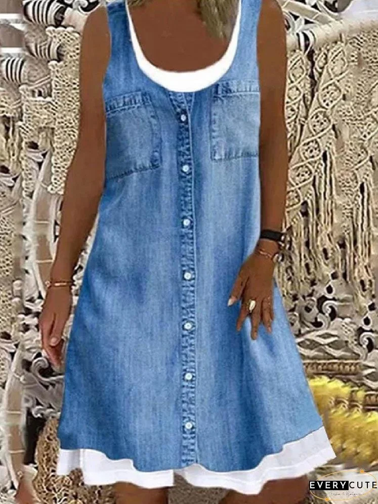 Casual Sleeveless Retro Stitching Mini Dress for Women