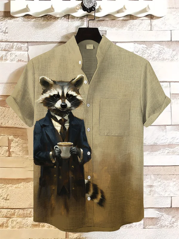 Men's Gentleman Raccoon Drinking Coffee Art Print Casual Linen Blend Shirt
