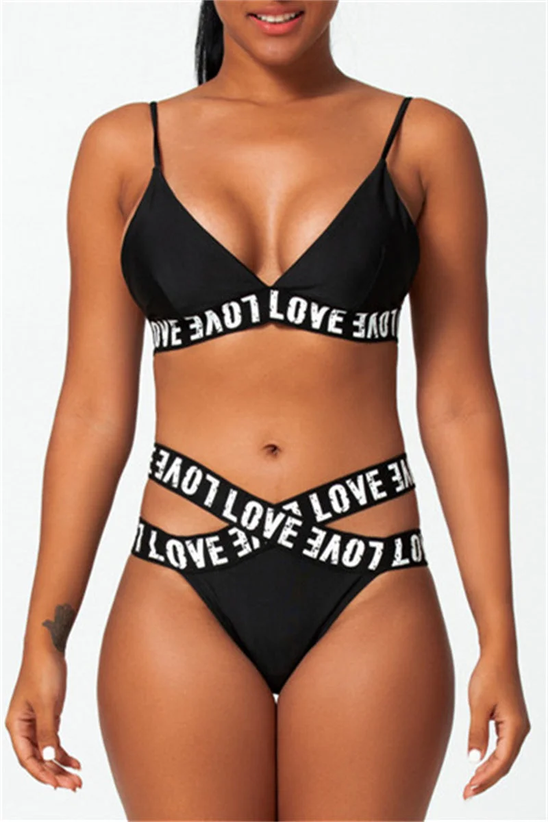 Fashion Sexy Letter Print Hollowed Out Split Joint Backless Swimwears (With Paddings)