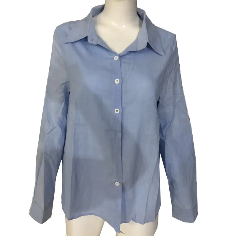 Huiketi Autumn Cotton Linen Blue Casual Shirt Women Loose Long Sleeve Blouses Women Button Up Office Lady Tops Blusas Mujer 21403