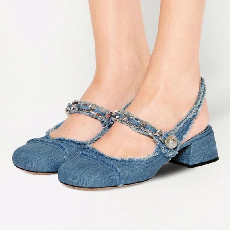 blue denim cloth sandals metal chains summer shoes woman square toe med-high heels jeans sandalias mujer 2022 mary janes shoes