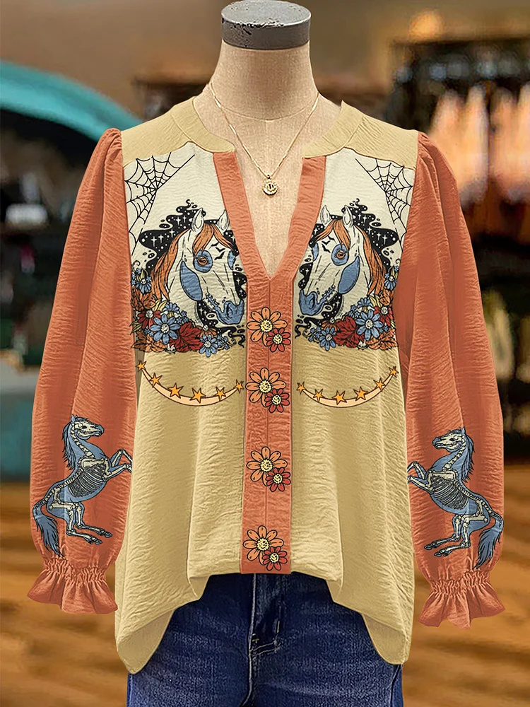 Vintage Western Horse Cotton and Linen Top