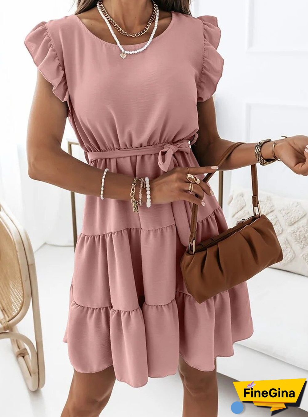 Summer Boho Dress Women Loose Round Neck Short Sleeve Solid Color Lace-Up Dress Vestido Feminino