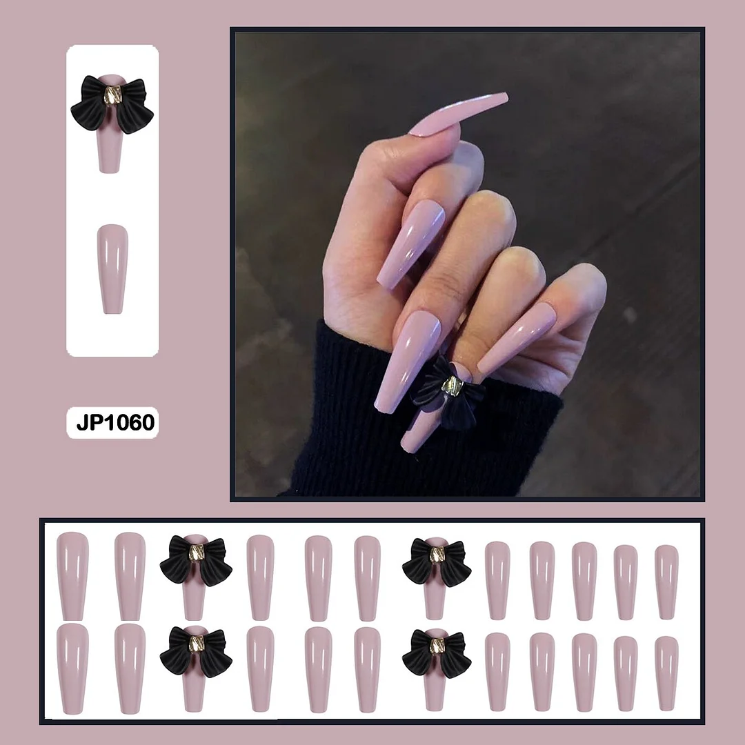 Three-dimensional bow flowers sweet heart shaped long trapezoidal wearable nail fake nails-Nail Inspo