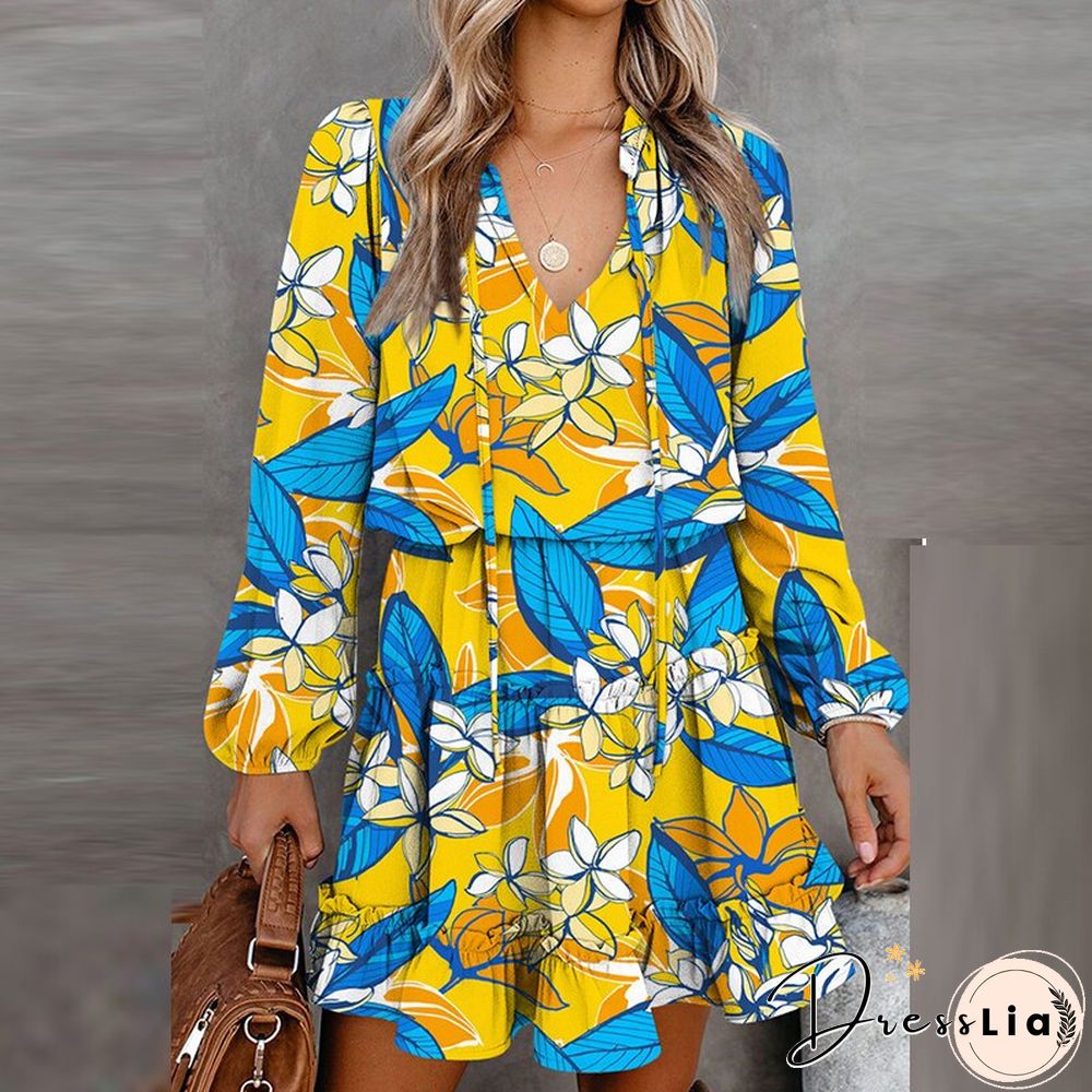 Vintage Floral Printed Mini Dress Women Casual Long Sleeve V Neck Lace-up Early Autumn Dress Fashion Loose Waist Ruffle Dresses