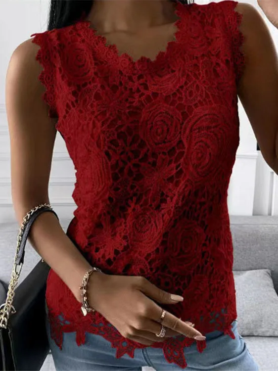 Women Sleeveless Scoop Neck Solid Color Lace Tops