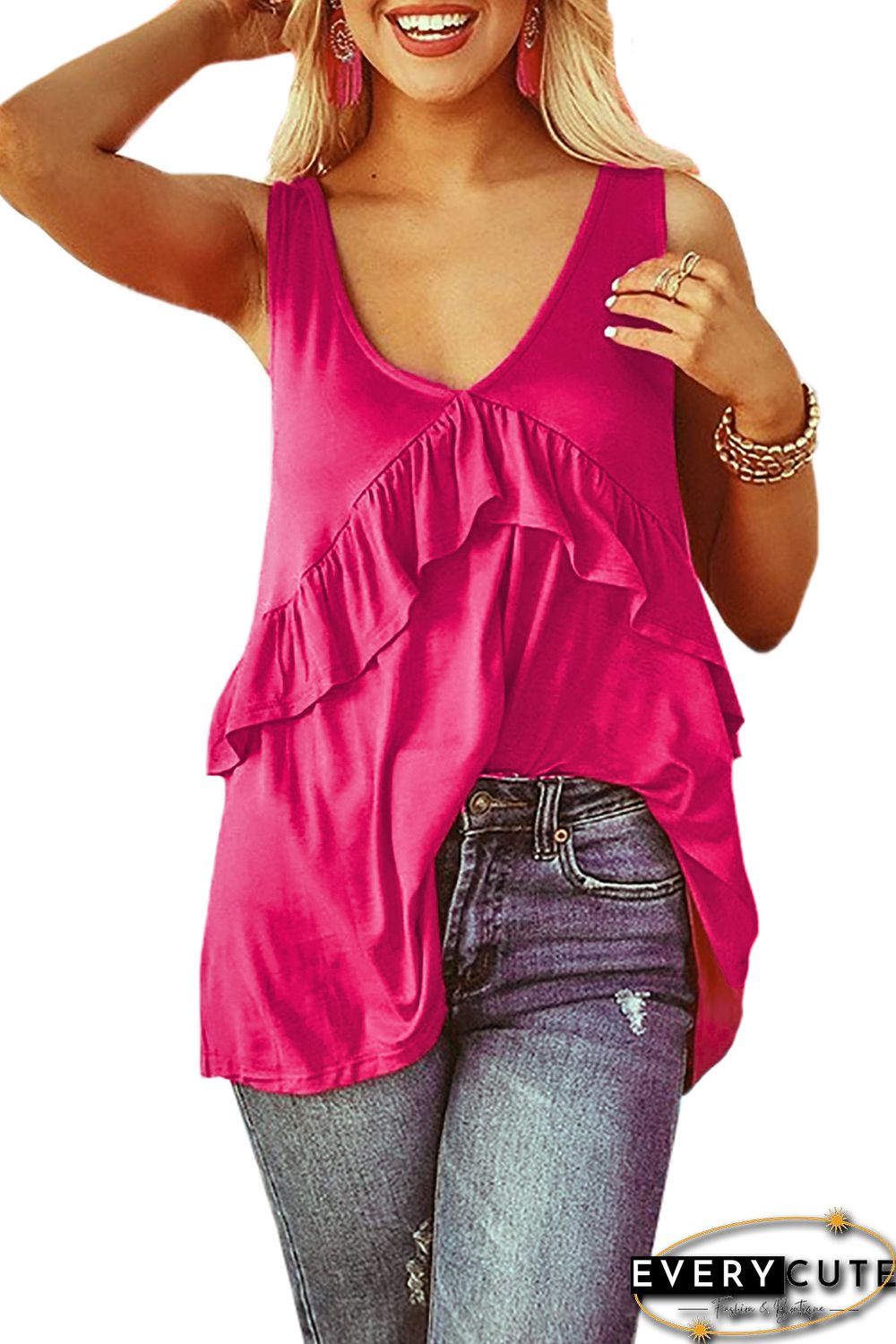 Rose Ruffle Detail Loose Flowy Tank Top