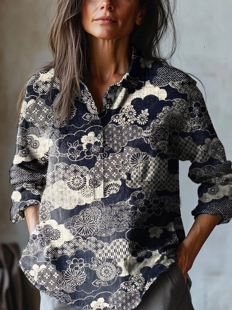 Women's Japanese Classic Flying Cranes Art Print Casual Cotton And Linen Shirt