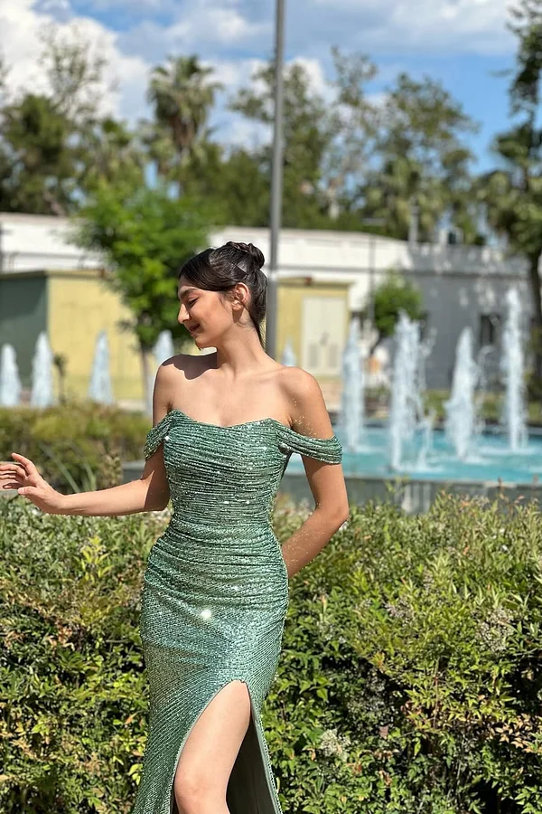 Daisda Sleeveless Strapless Off-Shoulders Square Sequins Prom Dress