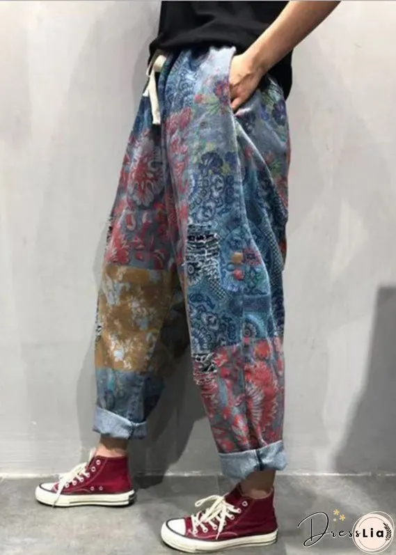 Plus Size Blue Print Tie Waist Ripped Wide Leg Pants Summer