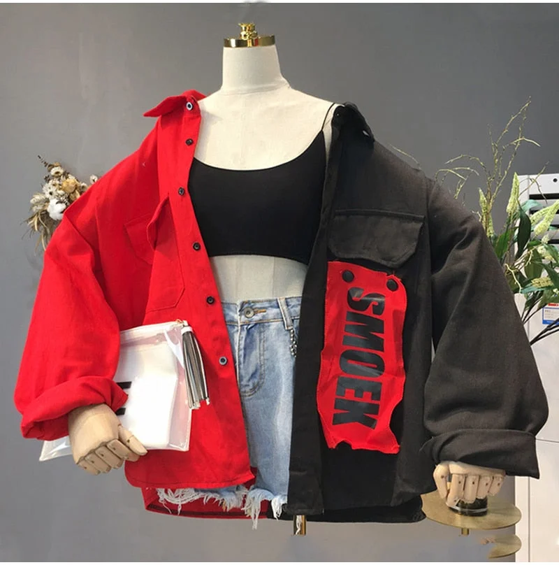 Harajuku Bomber Jacket Coats Women Loose Pocket Designer Cool Red Streetwear Hot Sale Kpop Yellow Spring shirt thin jeans jacket