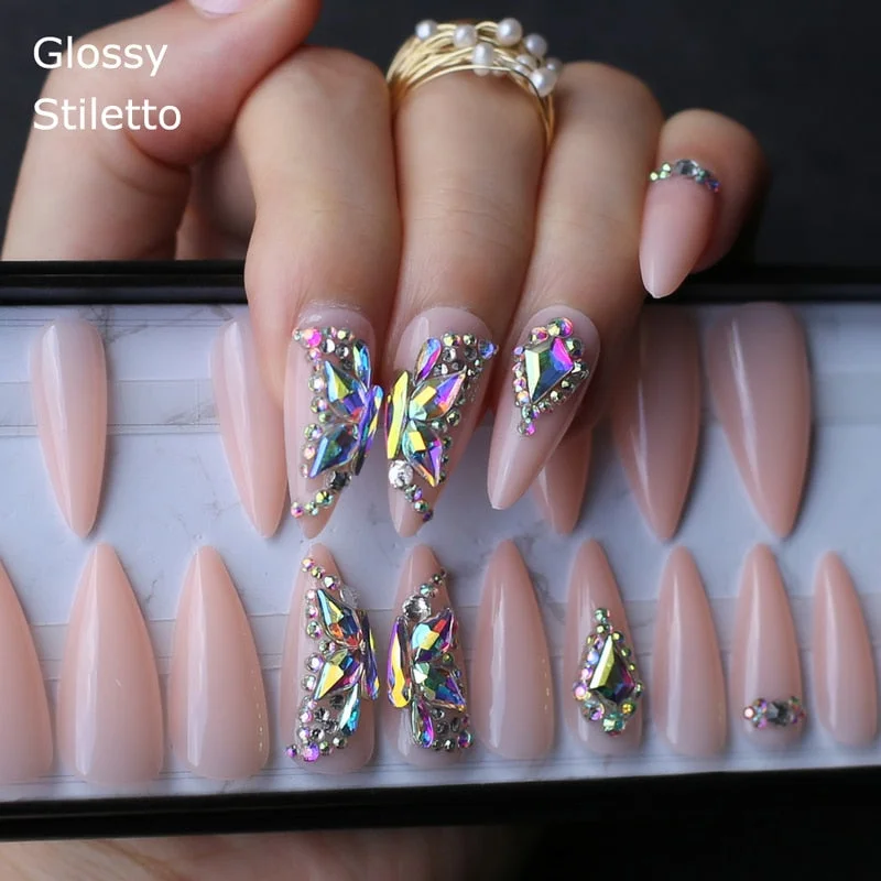 Butterfly Crystal Luxury Coffin nude Press on nails box 24pcs UV Acrylic nails bling DIY manual Ballet matte pink fasle nails-Nail Inspo