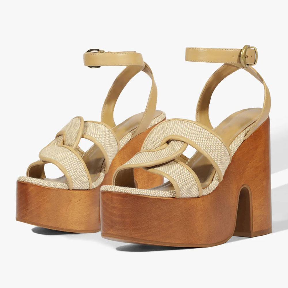 Beige Patchwork Cross Strap Open Round Toe Platform Heel Sandals Nicepairs