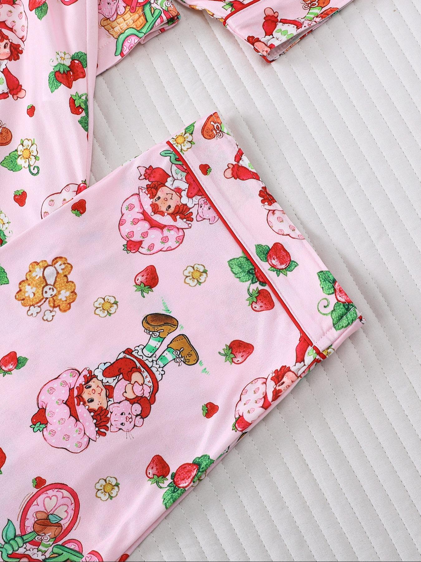 Women's Cute Strawberry Pattern Print Sleepwear Set, Long-Sleeve Button-Up Top & Elastic-Waist Pants, Casual Fall Winter Pajamas Pjs, Comfortable Home Wear Loungewear