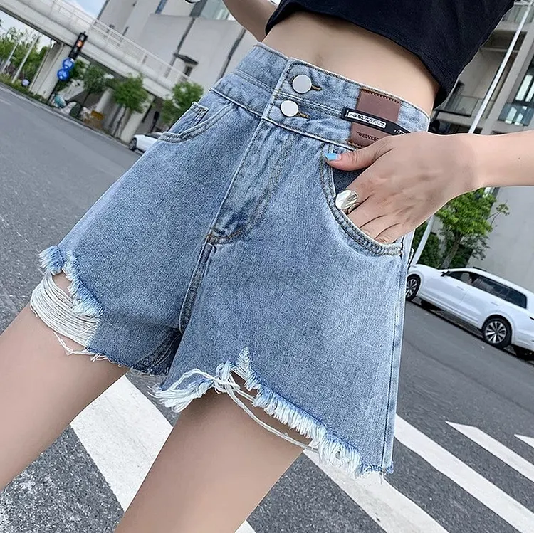 A - Line High Waist Denim Shorts with Distressed Hem and Double Button Closure