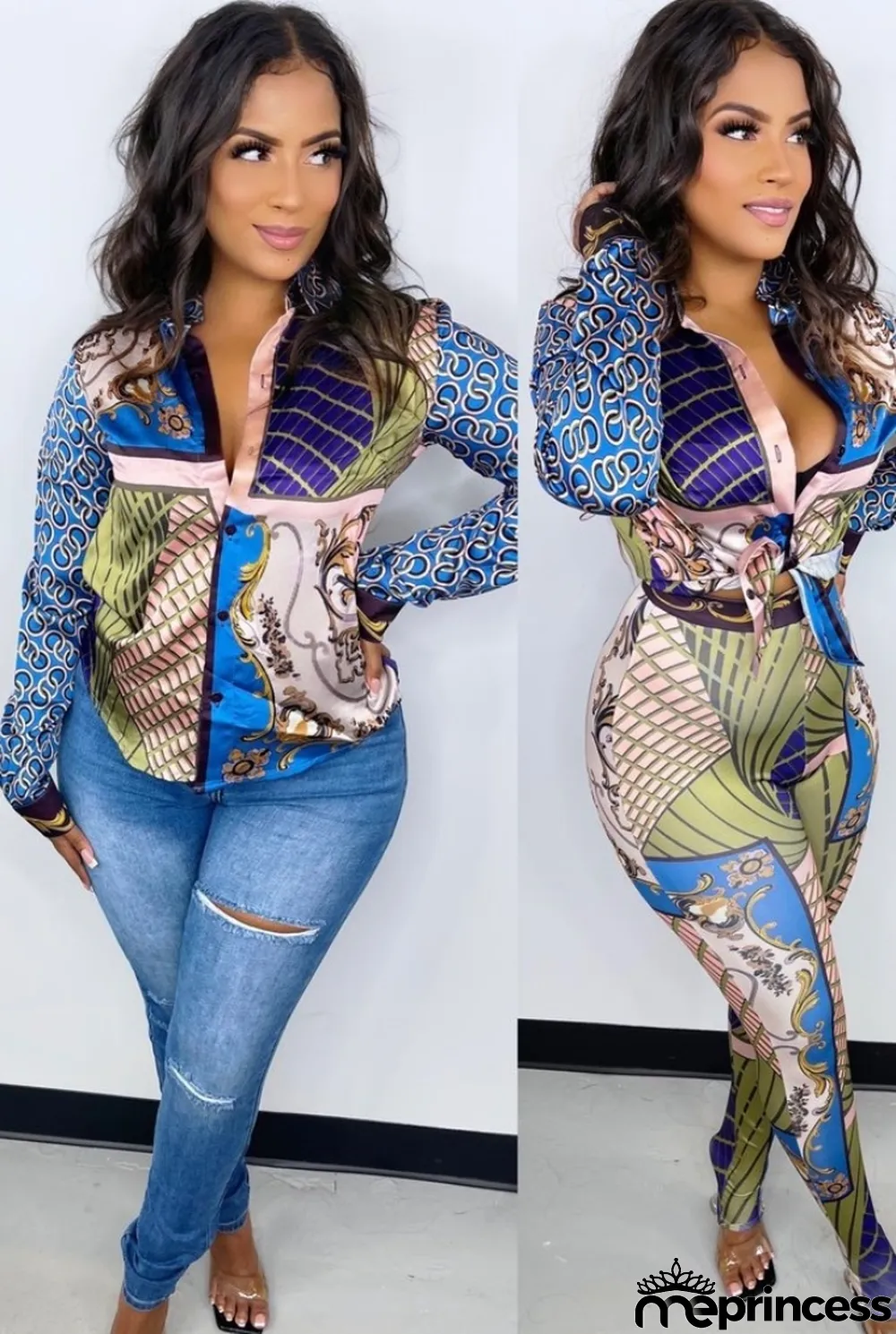 Fall Fashion Retro Print Button Long Sleeve Shirt And Pant Matching Set