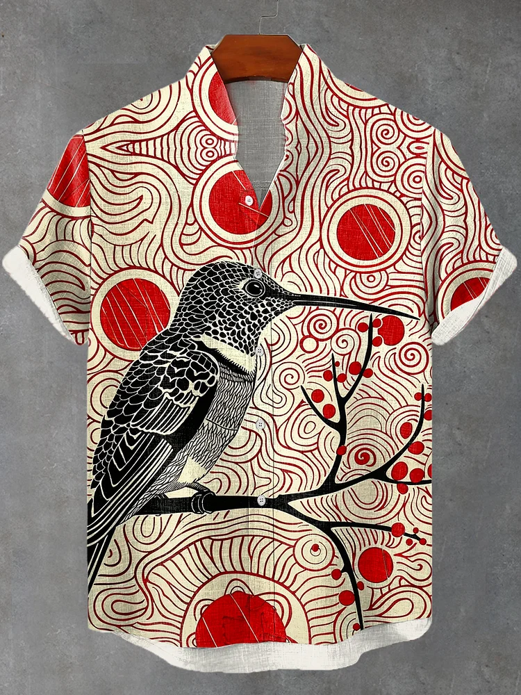 Men's Geometric Totem Hummingbird Linoleum Print Linen Blend Shirt
