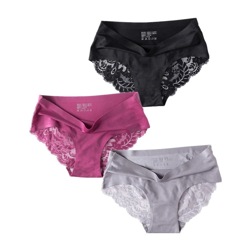 3 Pcs/Set Sexy Seamless Panties Women Lace Underwear Briefs Low Rise Ladies Silk Plus Size Solid Soft Transparent Panty Lingerie