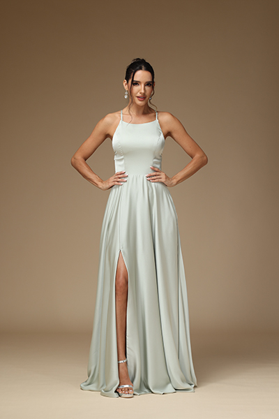 Oknass Spaghetti Strap Sleeveless Split Prom Dress with Ruffles