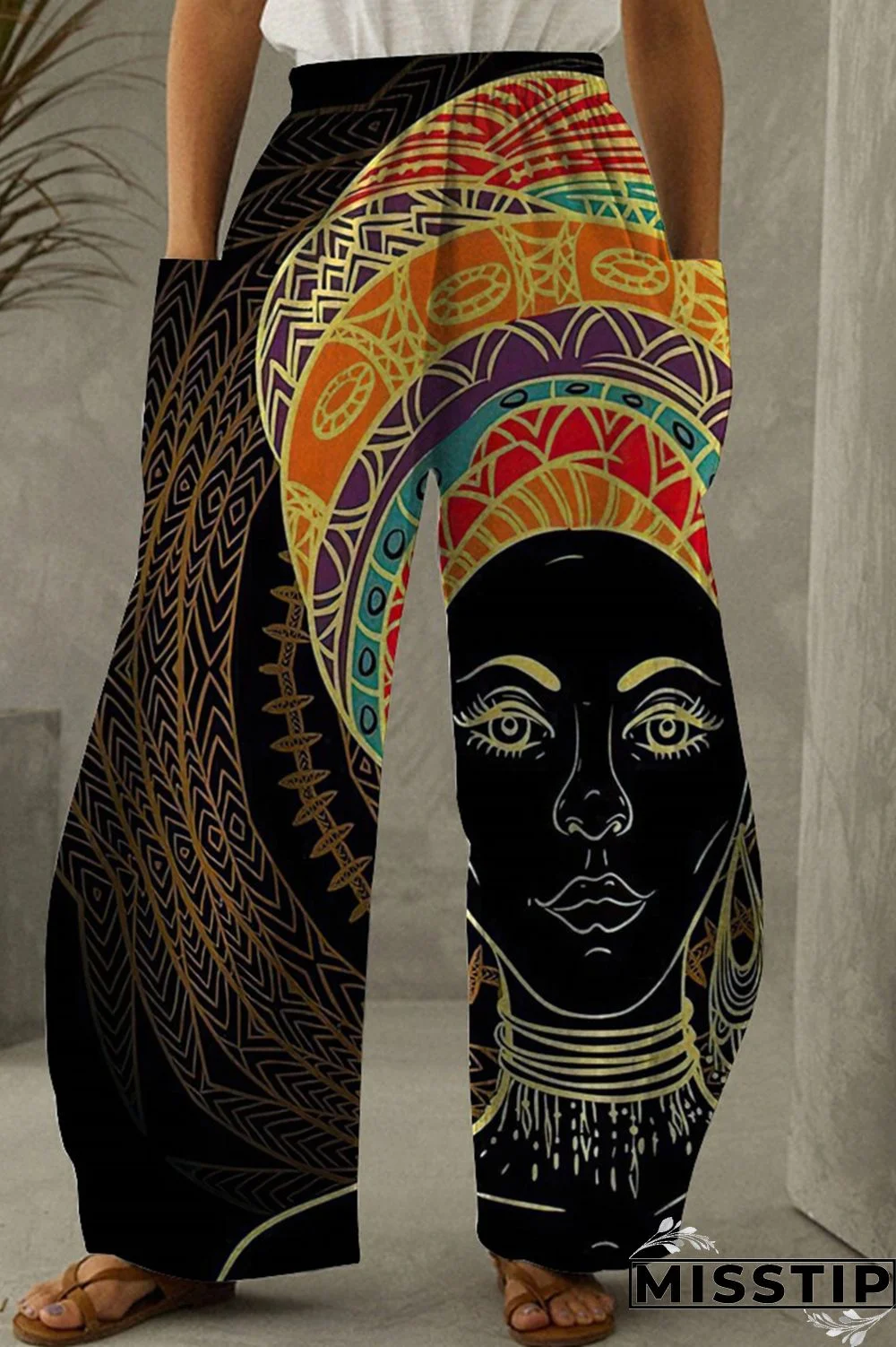 Black Yellow Fashion Casual Print Patchwork Pocket Regular High Waist Trousers